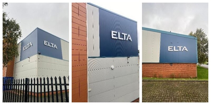 A collage of the ELTA built up letters outdoors.